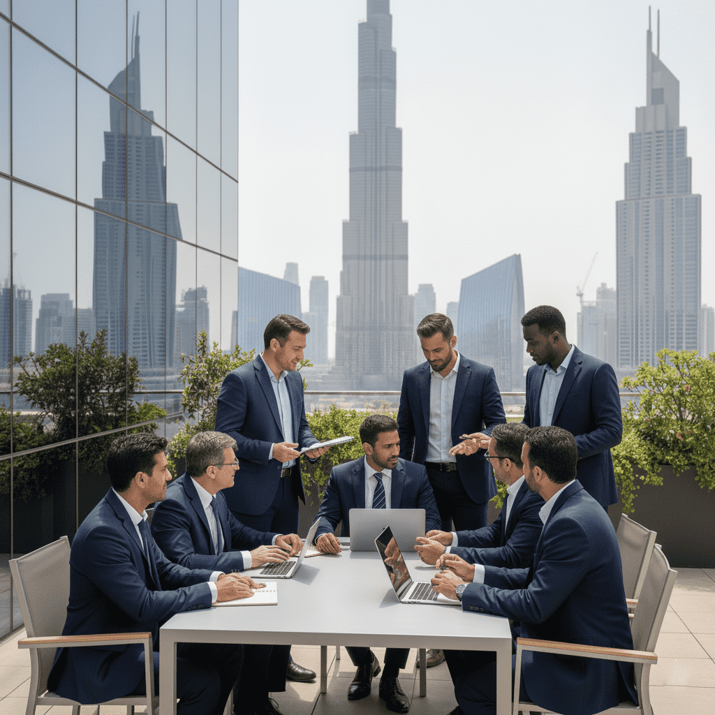  صورة لمدينة دبي يظهر فيها مهنيون وطلاب في بيئة تعليمية حضرية عالمية. 