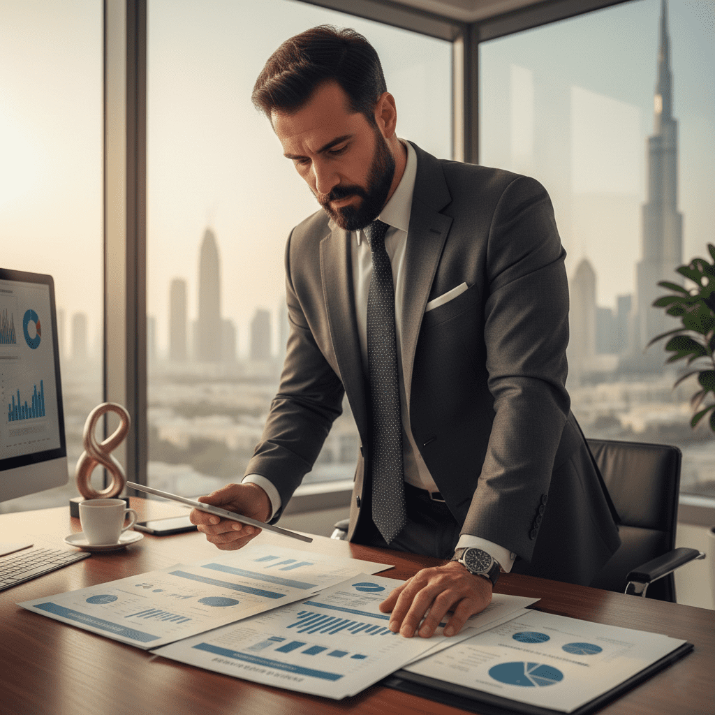  Arab entrepreneur reviewing scientific business documents in a modern office with Dubai skyline. 