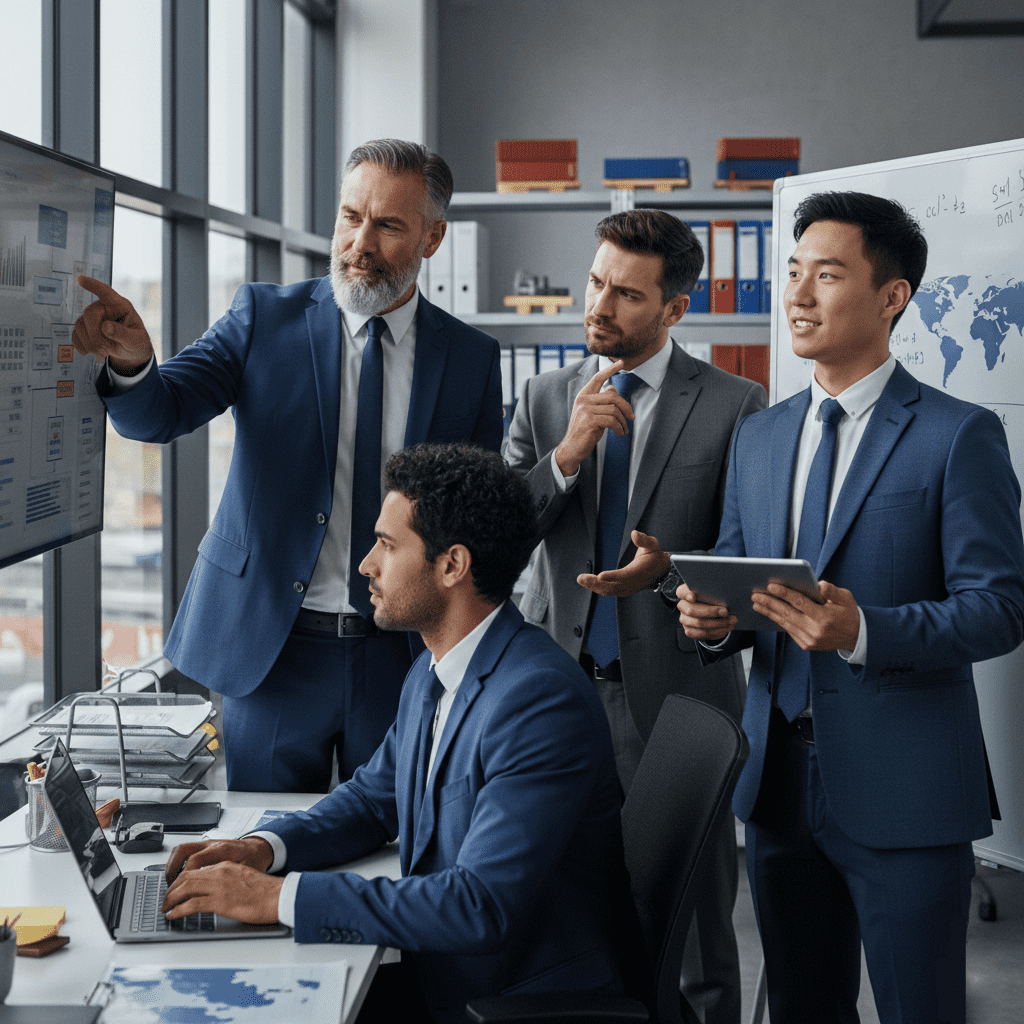  فريق إدارة سلاسل الإمداد يخطط العمليات اللوجستية داخل مؤسسة حديثة 