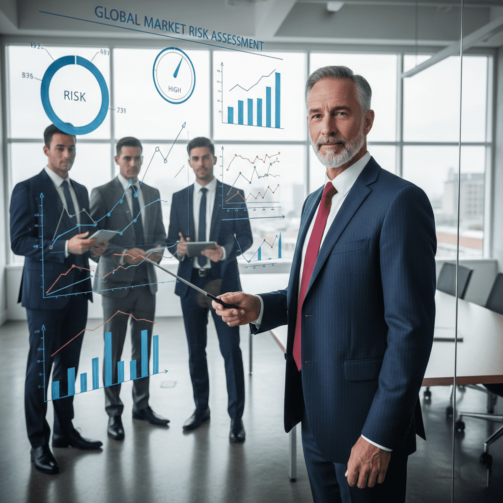  مدير مالي يشرح بيانات مالية ومؤشرات مخاطر داخل مكتب حديث. 