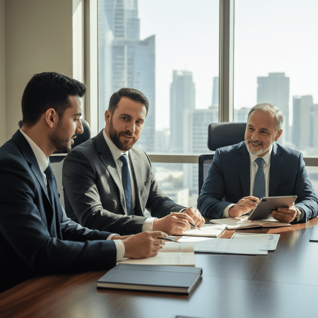  Saudi professionals discussing professional fellowship and career development 