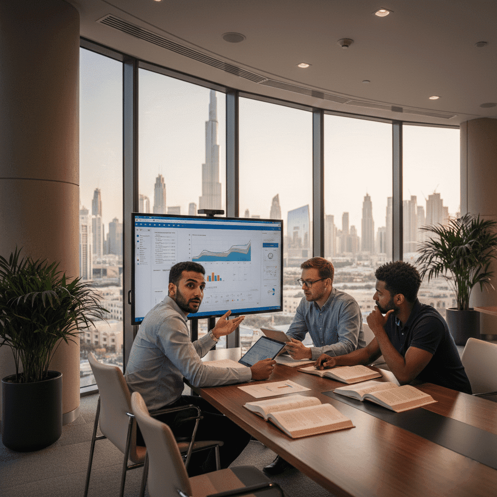  طلاب دكتوراه يناقشون أبحاثهم داخل بيئة أكاديمية في دبي 