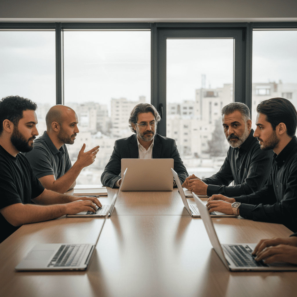  مجموعة شباب في الأردن يناقشون دراسة الدكتوراة المهنية عبر لابتوب مع جيت أكاديمي. 