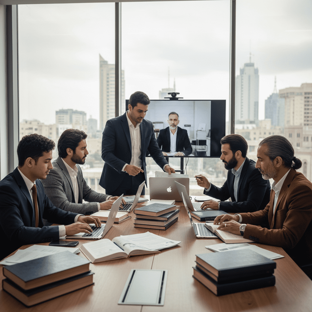  خبراء عراقيون يدرسون زمالة دولية معتمدة بأجهزة لابتوب داخل مكتب حديث في بغداد. 