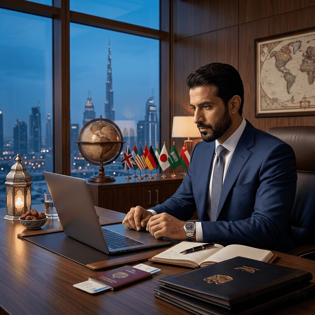  مدير يدرس ماجستير العلاقات الدبلوماسية أونلاين من جيت أكاديمي في مكتبه الفاخر برمضان. 