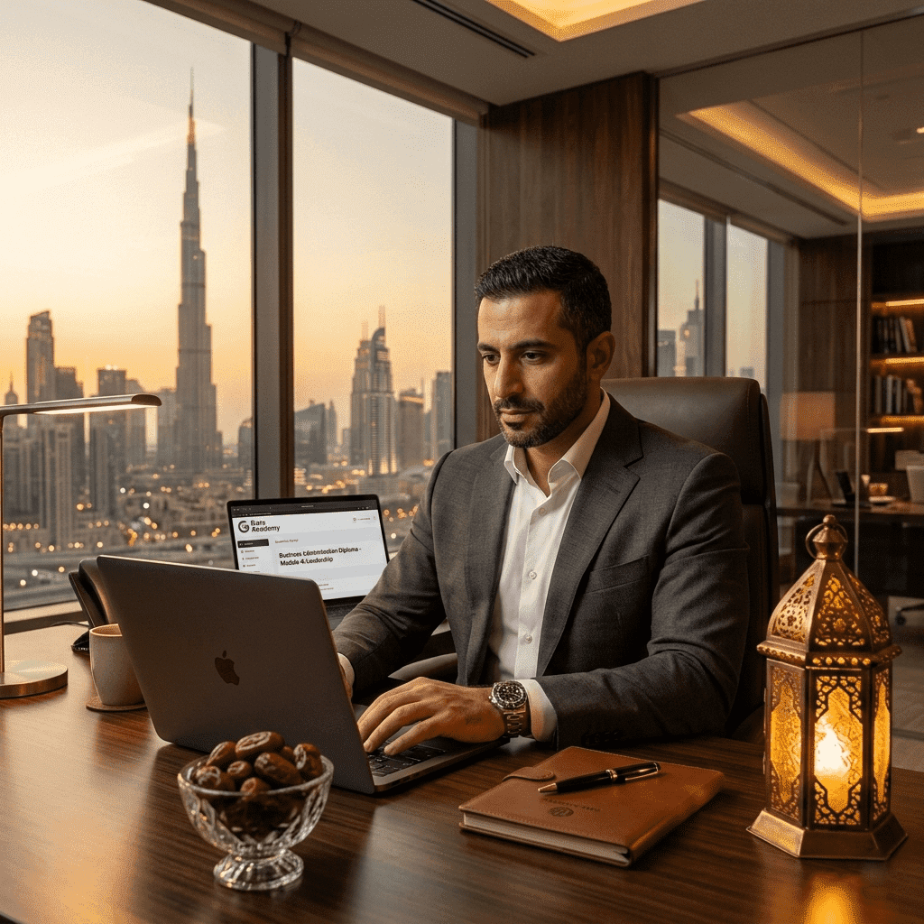  موظف طموح يدرس دبلومة إدارة أعمال أونلاين من جيت أكاديمي في رمضان. 