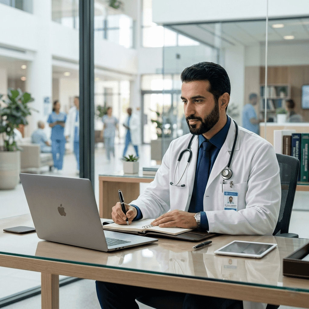  طبيب يدرس ماجستير إدارة المستشفيات أونلاين من جيت أكاديمي في مكتبه خلال رمضان. 