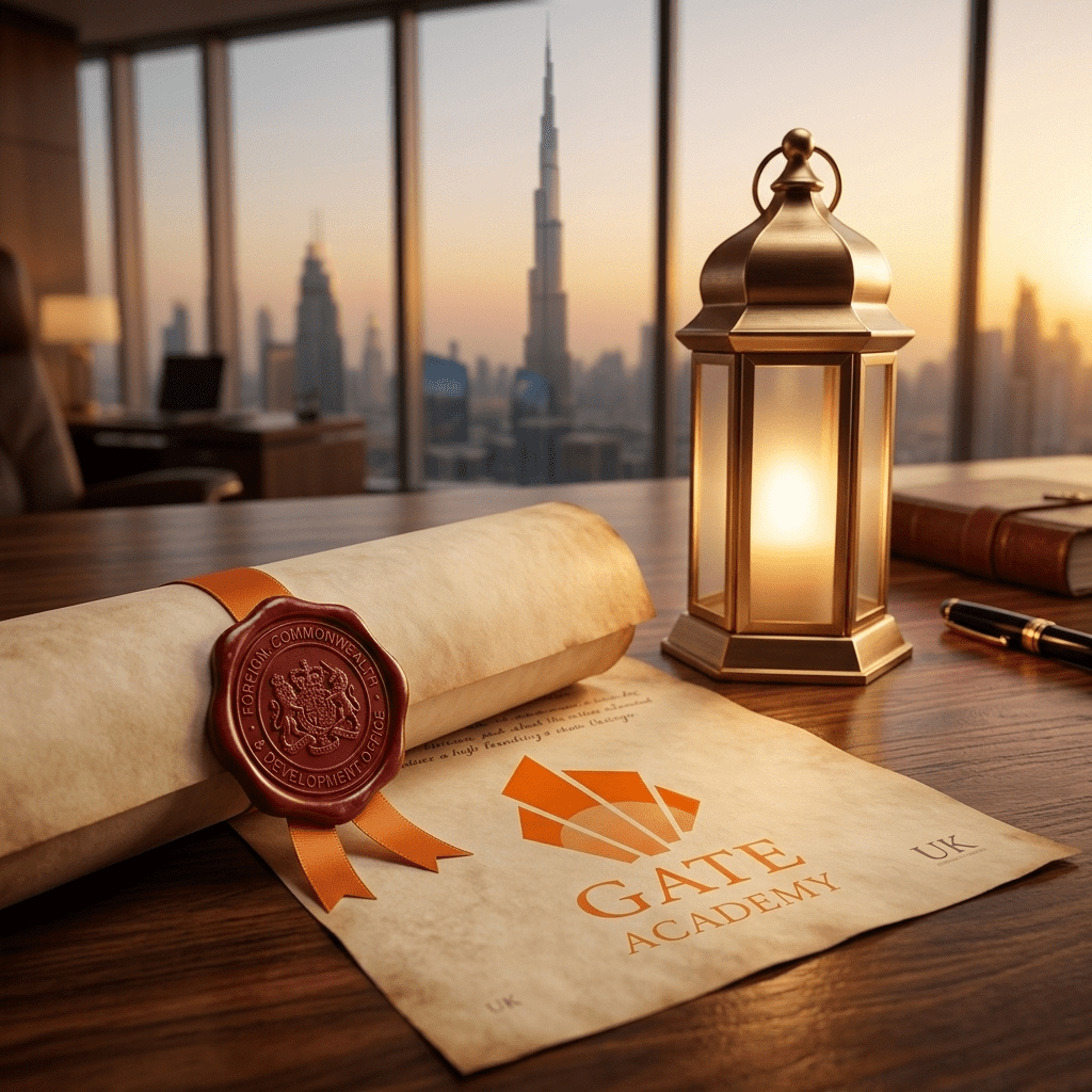  ختم تصديق وزارة الخارجية البريطانية على شهادة جامعية من جيت أكاديمي بجانب فانوس رمضان. 
