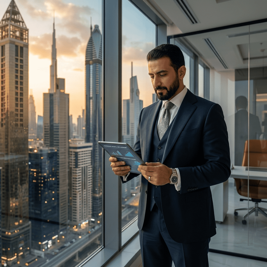  مدير تنفيذي في دبي يخطط لمستقبله المهني مع جيت أكاديمي أمام أفق مدينة دبي. 