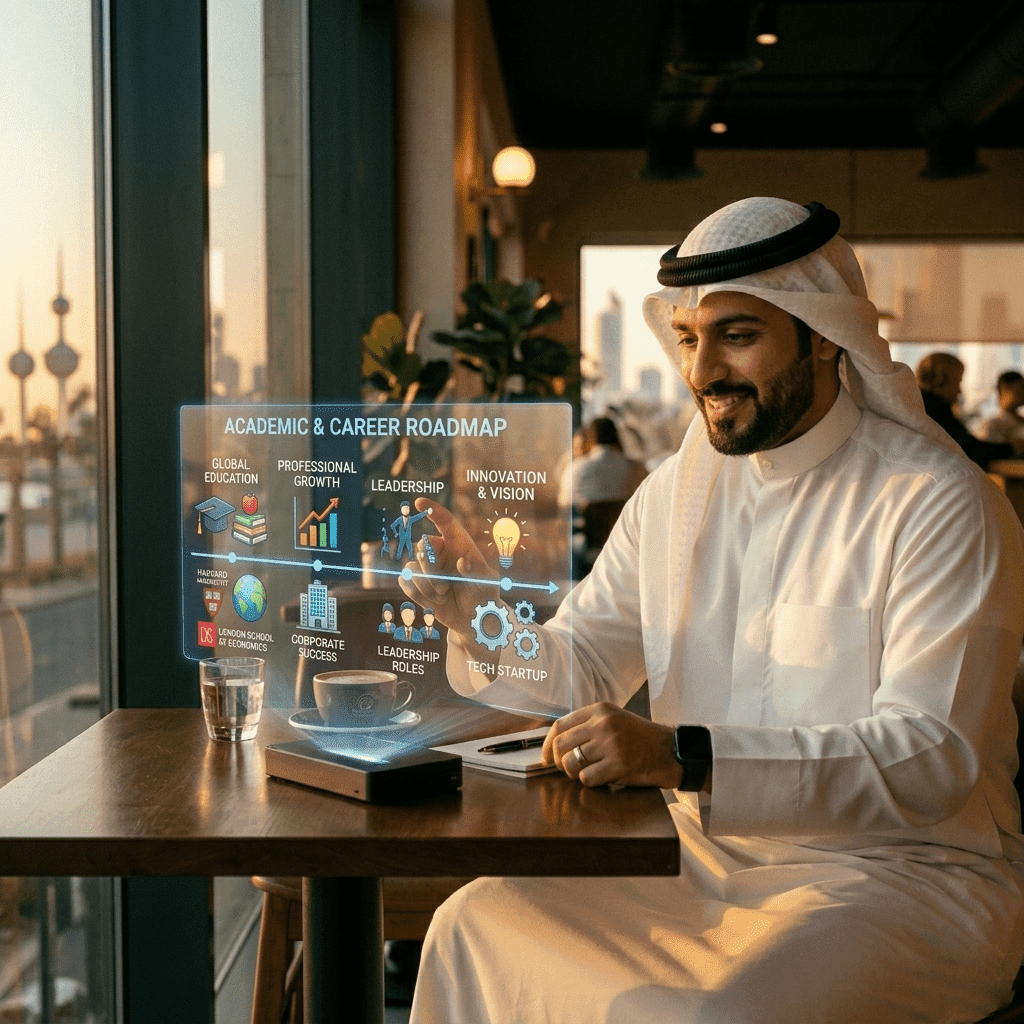  مهني كويتي يتفاعل مع واجهة رقمية هولوغرامية، يخطط لمستقبله الأكاديمي والمهني برؤية كويت 2035. 