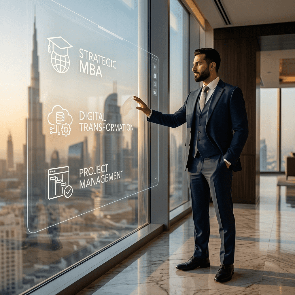  "Executive interacting with digital interface for Strategic MBA and Digital Transformation in GCC. 