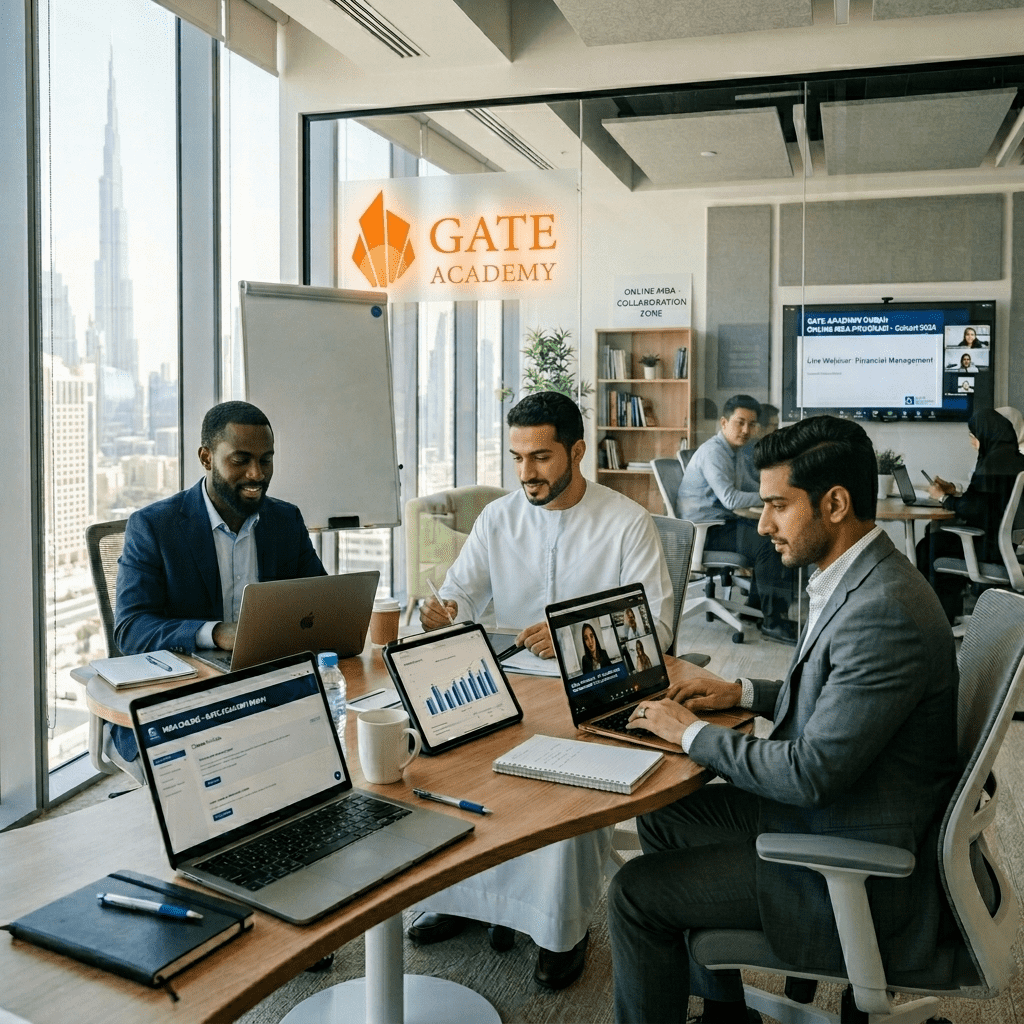  Bahraini students studying online MBA using laptops in modern digital learning environment 