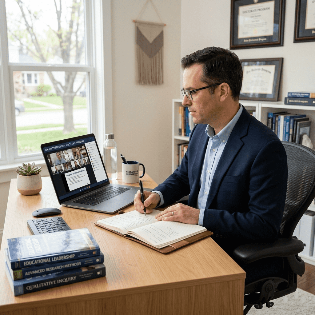  Businessman studying professional doctorate online on laptop for career development 