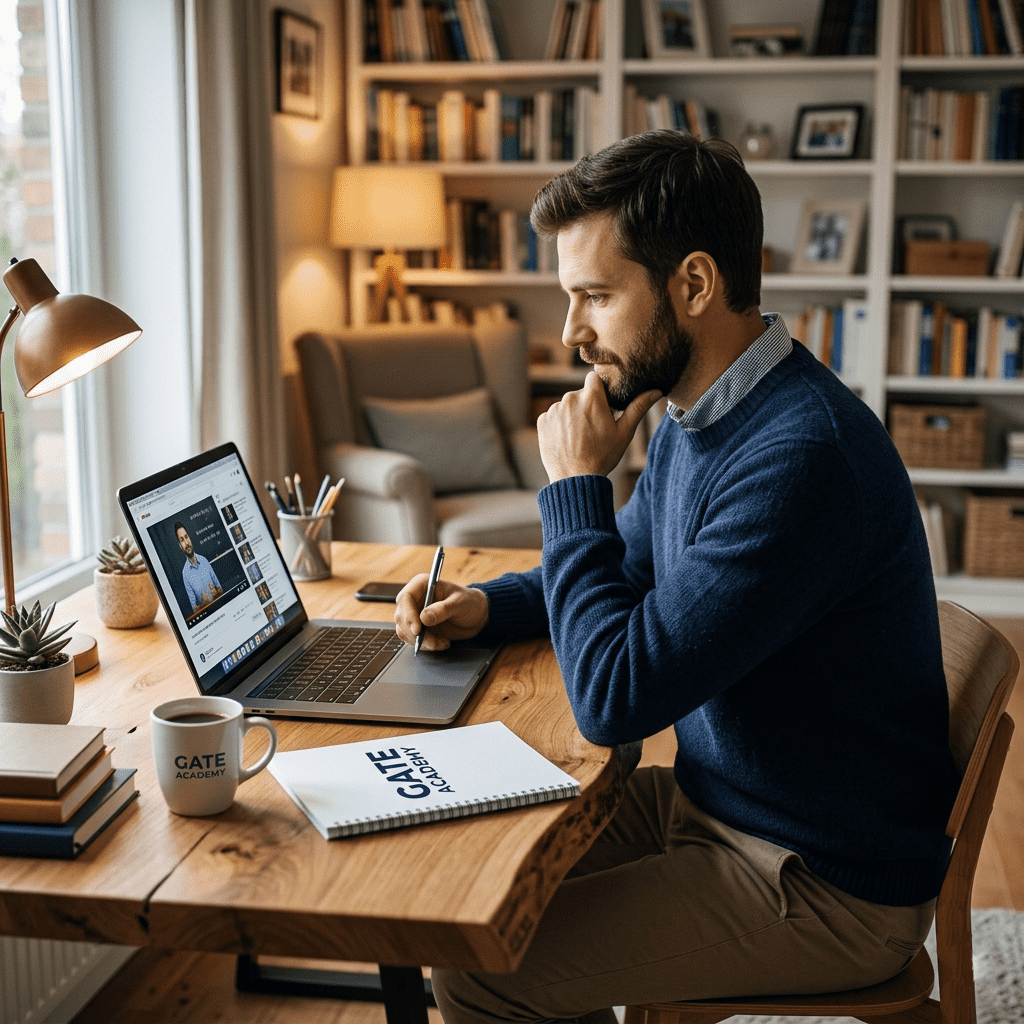  رجل أعمال يتابع دراسته أونلاين عبر لابتوب مع شعار جيت أكاديمي 