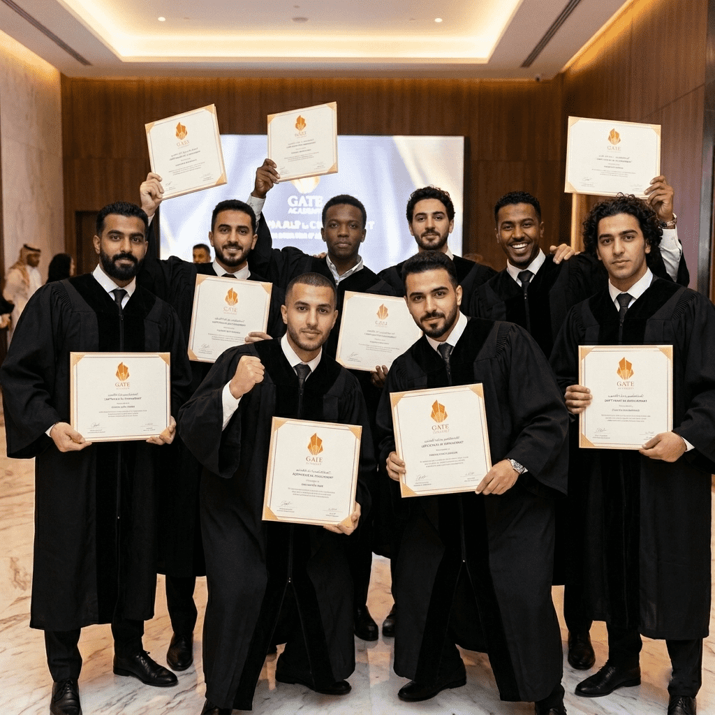  Arab graduates holding accredited professional program certificates from Gate Academy at an international graduation ceremony. 