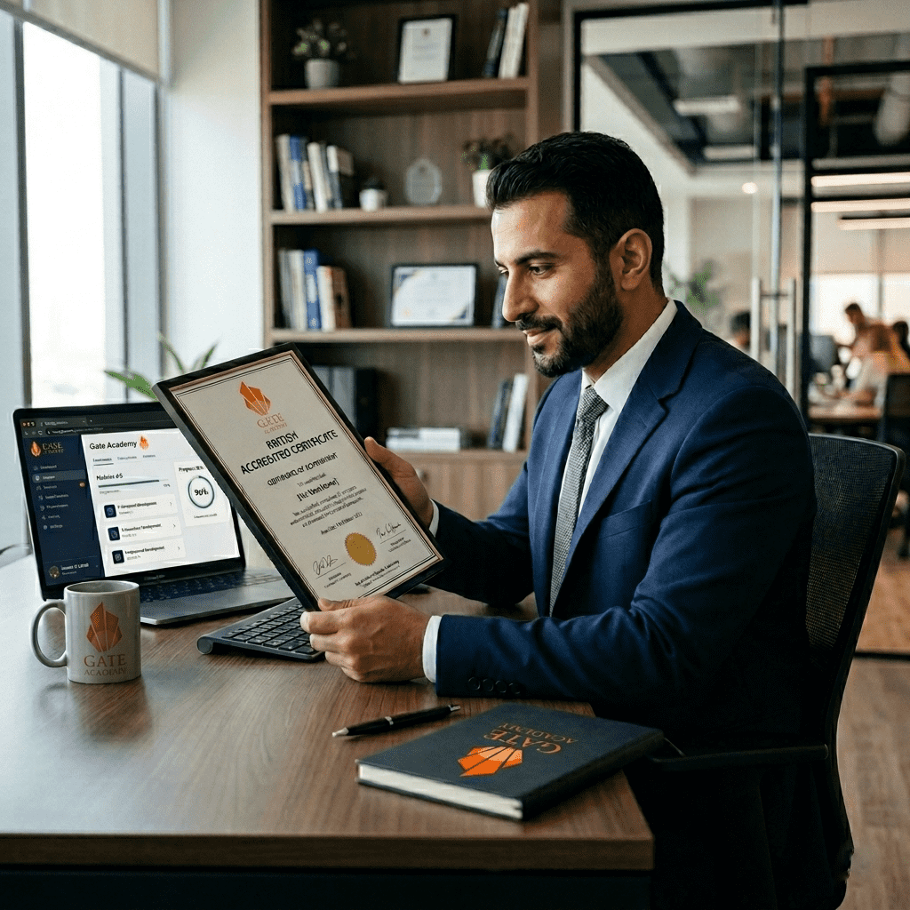 Businessman reviewing British accredited certificate at office 