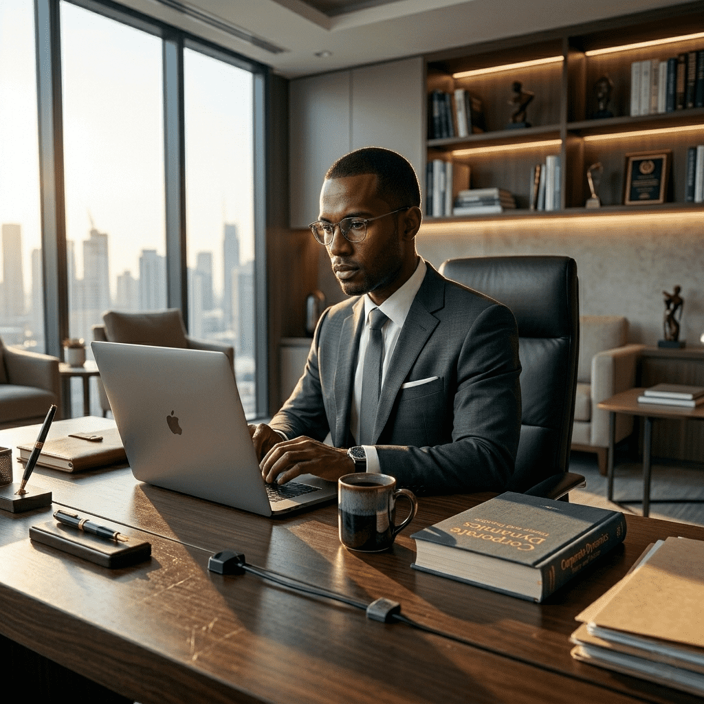  Businessman studying online master’s program on laptop with Gate Academy 